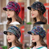 Nukty Women Hat Short Brim Warm Foldable Earflap Women Cap Ethnic Style Floral Print Autumn Winter Hat Daily Clothing Turban Visor