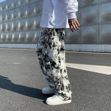 Nukty Mens Fashion Printed jeans Spring Mopping Trousers Jeans Korean Style High Street Loose Hip Hop Wide-leg Jean Pants