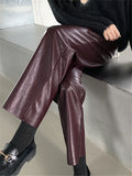 Nukty Autumn Winter PU Faux Leather Women's Wide Leg Pants High Waist Female Casual Loose Ankle Length Trousers New