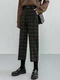 Nukty New Autumn Winter Woolen Plaid Women Formal Straight Pants High Waist Ankle-Length Chic Loose Ladies Pants Pocket