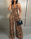 Jumpsuit For Womens Leopard Pattern Spaghetti Straps Chain Decor Hollow Out Sleeveless Sexy Integrated Set Fashion Long Jumpsuit