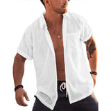 Nukty Mens Short Sleeve Button Up Shirts Linen Cotton Beach Tops Turn Down Collar Summer T Shirt with Pocket