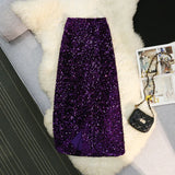 Nukty Autumn Winter Velvet High Waist Sequined Women's Wrap A-Line Skirts New Elegant Back Split Pencil Skirts Female