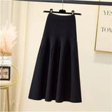 Nukty Women Autumn Winter Loose A-Line Midi Skirt Casual Elegant Office Lady Skirt Trendy All-Match Basic Skirt Solid Pleat Knit Skirt