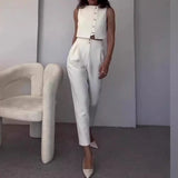 Nukty Vest Tops Two Piece Sets Women Pants Set Round Neck Sleeveless White Button High Waist Wide Leg Long Pants Slim Fit Elegant