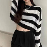 Nukty Korean Style Striped Cropped Sweater Women Vintage Oversize Knit Jumper Female Autumn Long Sleeve O-neck Pullovers Tops