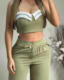 Nukty Sexy Elegant Crop Cami Top & Ruched Pocket Design Pants Set Womens Two Piece Sets Outfit New Fashion Summer Casual