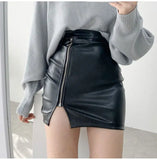 Nukty Black Mini Sexy Skirt Sexy High Waist Package Hip Pencil Skirt Women Korean Fashion Pu Faux Leather Split Zipper Short Skirts