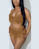 Nukty Sexy Womens Two Piece Sets Outfit Spaghetti Strap Crop Crochet Top & Tassel Design Shorts Set New Fashion Summer Casual