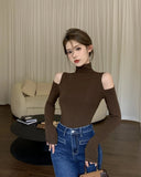 Nukty Autumn Korean Fashion Y2K T-shirt Woman Japanese Turtleneck Sexy Tee Shirt Women Off Shoulder White Vintage White Tops Clothes