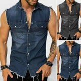 Nukty Lapel Sleeveless Vest Jacket Single-breasted Flap Pockets Tassel Men Summer Solid Color Denim Shirt Streetwear Show  Body Muscle