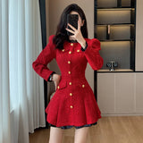 Nukty New Women's Tweed Pleated Mini Dress Autumn Long Sleeve Korean Style Single Breasted Ruffle Fashion Office Lady Vintage Dresses