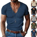 Nukty Men's Corduroy T European and American Summer Men's Clothing V-neck Solid Color Slim Fit Casual T-shirt Short Sleeved Top