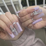 Nukty 24Pcs Long Ballet False Nails with Butterfly Rhinestone Design Coffin French Fake Nails Purple Press on Nails Wearable Nail Art