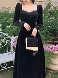 Nukty DRESS TO IMPRESS Gothic Vintage Balck Long Sleeve Dress Women Fashion Velvet Midi Dress Female Korean Slim Even Party Elegant Lady Dresses