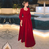 Nukty NEW YEAR DRESS TO IMPRESS Women Evening Dresses Long Sleeve Elegant Square Collar Red Sequins Simple Prom Party Dress Long A-line Formal Vestidos