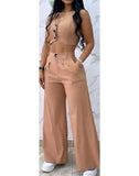 Nukty Sexy Womens Two Piece Sets Outfit Buttoned Vest Coat & Wide Leg Pants Set New Fashion Casual Elegant Female Suit