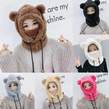 Nukty Cute Winter Earflaps Plush Bear Ears Hats adult Warm Mask for Outdoor Women Bonnet Hood