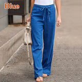 Nukty Women Cotton Linen Casual Pants Summer Fashion Drawstring Elastic Waist Loose Straight Pants Female Solid Ankle-Length Trousers