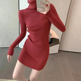 Nukty Women Autumn Turtleneck Thicken Warm Bodycon Dress Long Sleeve Knit Solid Office Pullover Dress For Women Winter