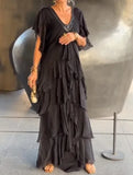 Women Dress Sexy Long Dresses V Neck Short Sleeve Ruffles Slim Mom Party Maxi Elegant Splice A Line Vestidos High Waist