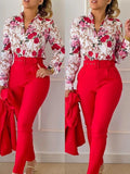 Nukty business casual outfits Women's Shirt 2 Pieces Suit Set 2024 Fall Print V Neck Long Sleeve Top Casual High Waist Pockets Work Female Clothes Pants Set