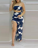 Nukty Print Bandeau Crop Top & Drawstring High Slit Skirt Set Two Peice Set for Women Casual New Fashion Summer Sexy