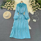 Nukty Frenchic Vintage Long Dress Women Lace-up Bow Collar Lantern Sleeve Female Vestidos De Mujer Spring Elegant Dresses