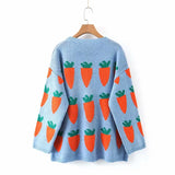 Nukty Women's Carrot Sweater Cozy Knit Cute Cartoon Crew Neck Long Sleeve Oversized Pullover Jumper Fall Winter
