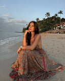 Nukty Vintage Print Backless V-neck Maxi Dress For Women High Waist Ruffles Loose Maxi Dresses New Vocation Beach Sexy Vestidos