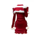 Nukty Christmas New Years Bodycon Knitted Mini Dress Women Casual Long Sleeve Sweet Elegant Even Party One Piece Dress Korean Fur