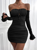 Nukty Sexy Long Trumpet Sleeve Bodycon Mini Dress Off Shoulder Backless Pleated Party Night Club Lace Up Wear