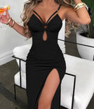 2024 Women Solid O-ring Decoration Spaghetti Straps Hollow Out Maxi High Silt Vacation Party Dress