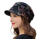 Nukty Women Hat Short Brim Warm Foldable Earflap Women Cap Ethnic Style Floral Print Autumn Winter Hat Daily Clothing Turban Visor