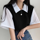 Nukty Korean Spring Summer Casual Polo T-Shirt Female Pullover Women's Loose Tees Top Fake Two Piece Suit Student Preppy Style