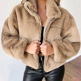 Nukty Rabbit Fur Imitation Fur Zipper Plush Warm Jacket Long Sleeve Short Coat Winter Women Crop Top Casual Solid New In Outwear Pink