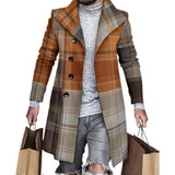 Nukty Lapel Long Sleeves Pockets Single-breasted Men Windbreaker Autumn Winter Mid-Length Plaid Patchwork Thickened Woolen Coat