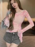 Nukty Pink Tie Dye Mesh Tops Women Summer Long Sleeve See Through Slim Sunscreen T Shirt Grunge Aesthetic Hot Girl Skinny Y2k Clothes