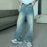 Nukty Korean Style Vintage Men's Denim Pants Fashion Washed Distressed Straight Gradient Jeans Summer Loose Slim Wide Leg