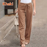 Nukty Women Cotton Linen Casual Pants Summer Fashion Drawstring Elastic Waist Loose Straight Pants Female Solid Ankle-Length Trousers