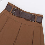 Nukty Brown Belted Mini Skirt Low Waisted Pleated Skirt with Belt Women Academia Aesthetic Vintage Outfit