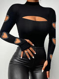 Nukty New Women Slim Fit Top Stylish Autumn Winter Sexy Blouse Mock Neck Bodycon Hollow Long Sleeve Tee Shirt With Stitching Beads