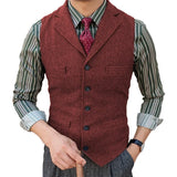 Nukty Men's  Vest Slim Fit Suits Vest Herringbone Tweed Notch Lapel Wool Business Casual Waistcoat Grossmen For Wedding