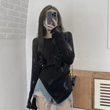 Nukty Vintage Hollow Out Sweaters Women Fashion Irregular Harajuku Streetwear Knit Jumpers Female Thin Loose Lazy Wind Pullovers