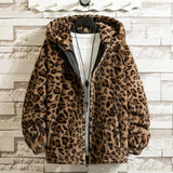 Nukty Faux Fur Coats For Men Leopard Print Long Sleeve Pockets Zipper Men Coat Winter Thickened Double-sided Plush Hooded Outerwear