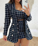 3Pcs Women Outfit Autumn Fashion Plaid Print Shawl Collar Long Sleeve Blazer Coat & Elegant Mini Shorts Set with Crop Top