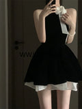 Nukty Sexy Dress Woman Bow Bandage Sleeveless Slim Patchwork Black Mini Dresses Puffy Elegant Vintage Ladies Summer Fashion Chic