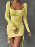 Nukty Sexy Square Neck Backless Tight Mini Dress Women's Long Sleeve Drawstring Pleated Party Wrapping Dress New Style