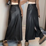 Nukty Vintage Coffee Black Long Skirt for Women Casual Back Split Pu Leather Skirts Ladies Autumn Winter High Waist A-Line Skirt