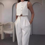 Nukty Vest Tops Two Piece Sets Women Pants Set Round Neck Sleeveless White Button High Waist Wide Leg Long Pants Slim Fit Elegant